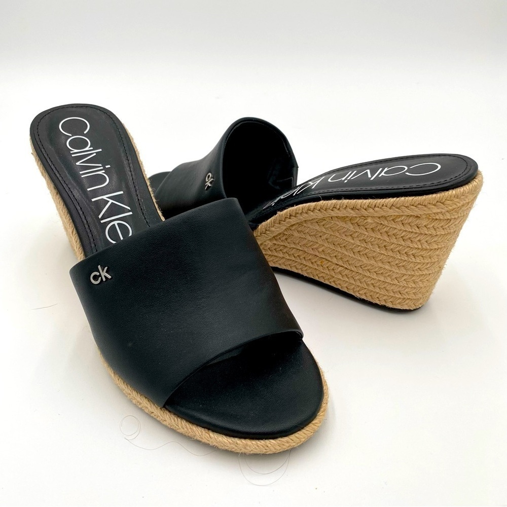 Calvin Klein Bandera Espadrille Slip On Open Toe Wedge Sandals Black Size 10